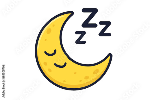 Cute sleeping moon character icon. ZZZ sleep and rest symbol. Yellow cartoon crescent for bedtime and sweet dreams. Vector illustration for children on a transparent background.