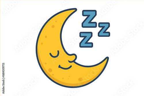 Cute sleeping moon character icon. ZZZ sleep and rest symbol. Vector cartoon illustration for bedtime stories or good night concepts. Sleepy crescent face for baby and kids.