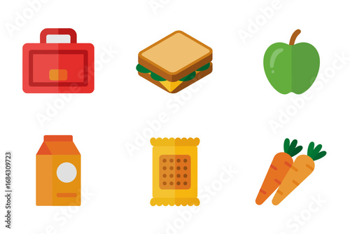 Snack and lunch flat illustrations, lunchbox sandwich juice pack carrot apple biscuit, healthy meal vector pack, food graphics