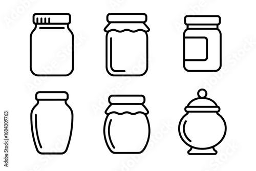 Versatile glass jar icon set in a clean outline style. Includes mason, jam, honey, spice, pickle, and candy jars. Vector graphic for food preservation, kitchen, and storage.