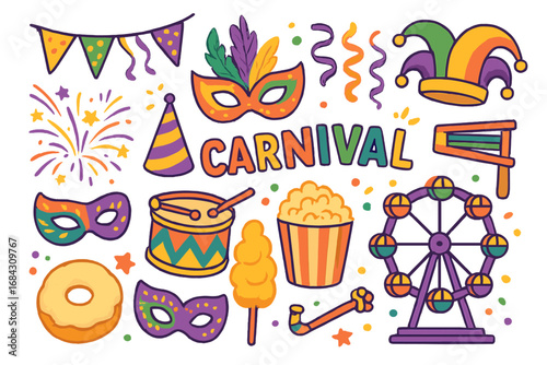 Carnival festive objects set. Celebration party icon collection. Funfair amusement park elements. Mask, ferris wheel, jester hat, popcorn, drum. Vector cartoon illustration.