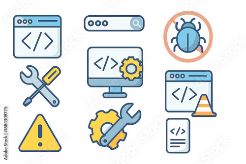 Web development icon set for programming and bug fixing. Flat design vector collection of coding, search, website maintenance, error, and settings symbols for UI UX design.