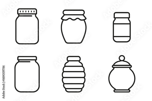 Vector glass jar outline icon pack. Includes mason jar, jam, spice, pickle, honey, and candy jars. Linear pictogram set for kitchen, food storage, and preservation.