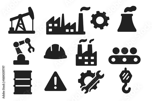 Industry and factory solid icon set. Industrial manufacturing vector symbols. Heavy industry, oil, power plant, automation, construction, and production glyph collection.