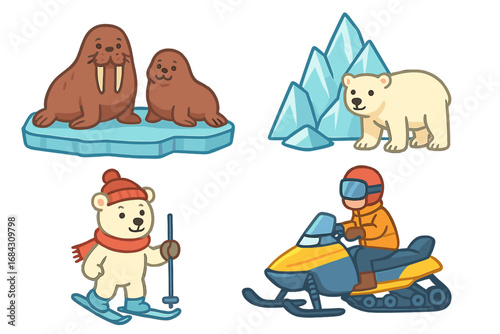 Arctic animals and winter sports vector illustration set. Cute cartoon walrus, polar bear skiing and standing by an iceberg, and a person riding a snowmobile. Isolated clip art.
