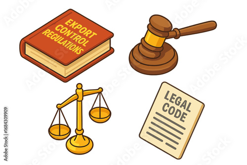 Legal compliance icon set with export control regulations book, judge gavel, scales of justice, and legal code. Isometric vector illustration for law, justice, and policy.
