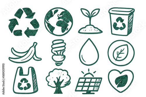 Hand drawn recycling icon set with eco friendly symbols. Ecology and environment conservation concept. Green energy, nature, and sustainability icons. Vector cartoon illustration.