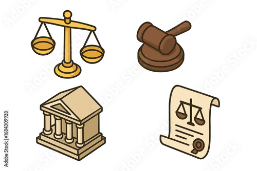 Legal and justice isometric icons set. Scale, gavel, courthouse, and legislation document symbols for law. Vector cartoon illustration of court and judgment elements.