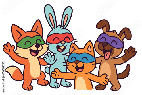 Superhero animal team with cute cartoon characters. Fox, cat, dog, and rabbit friends in masks. Vector illustration for kids. Concept of friendship, fun, and teamwork. Pet costume party.