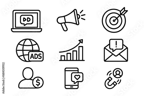 Digital marketing and advertising outline icon set. Symbols for promotion, target audience, customer acquisition, social media engagement, email campaign, and business growth. Vector.