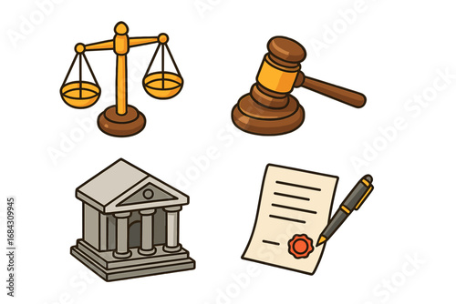 Legal and justice vector icon set with scales, gavel, courthouse, and contract. Law, court, and judgment symbols in a cartoon style for legal services illustration.