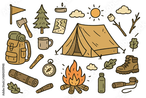 Hand drawn camping elements collection. Outdoor adventure and hiking icon set with tent, backpack, campfire, map, compass. Retro doodle vector cartoon illustration concept.