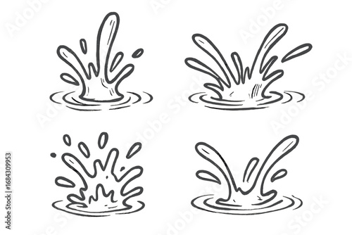 Hand drawn water splash doodle set. Vector cartoon ink sketch illustration of liquid drops, ripples, and aqua splashes. Isolated monochrome icon collection on transparent background.
