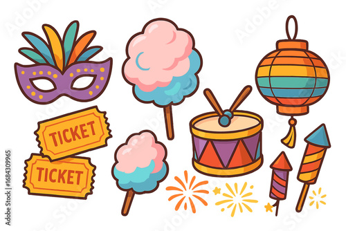 Colorful carnival icon set. Vector illustration of festival elements. Mask, ticket, cotton candy, drum, lantern, fireworks for celebration. Flat cartoon design collection isolated.