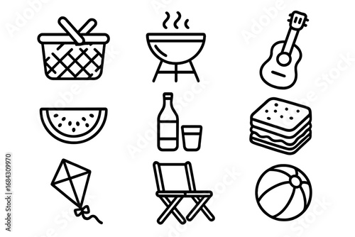 Summer picnic and BBQ vector icon set. Outline symbols for outdoor leisure and recreation. Food, grill, guitar, watermelon, sandwich, kite, basket. Line art illustration.