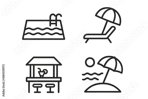 Luxury resort icon set for summer vacation. Outline symbols of an infinity pool, sun lounger, beach bar, and tropical island. Travel and leisure vector line art collection.