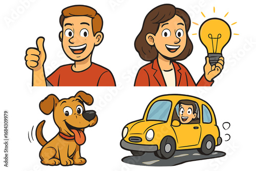 Cartoon character vector illustration set. Man with thumbs up gesture for success. Woman with lightbulb for idea and innovation. Happy dog pet. Person driving a yellow car.