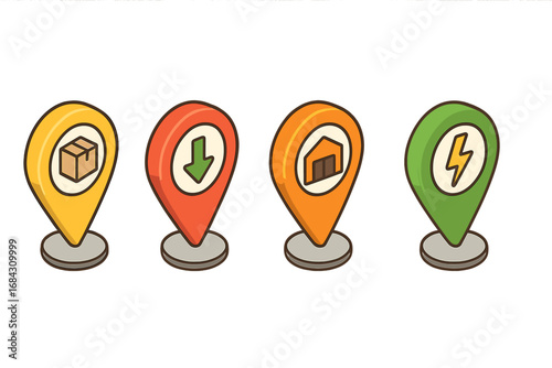Isometric map marker icon set. Flat vector cartoon symbols for logistics, delivery, and navigation. Includes package pickup, drop-off point, warehouse, and charging station pins.