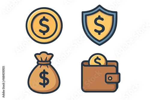 Financial security and insurance vector icon set. Concepts of money savings, investment protection, and wealth management. Filled outline icons of dollar coin, shield, wallet.