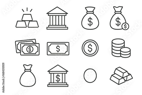 Finance banking thin line icon set. Money, cash, currency, investment, savings concepts. Gold bar, dollar coin, bank building, moneybag vector symbols. Editable stroke.