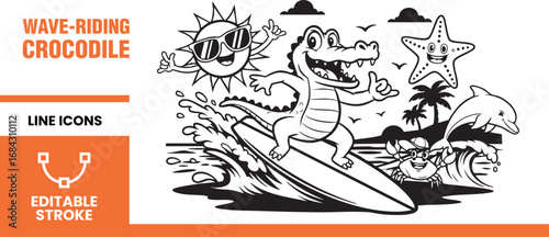 Waveriding crocodile cartoon vector illustration of a crocodile surfing on a wave with sun, starfish, dolphin, crab, and palm tree editable stroke line icons