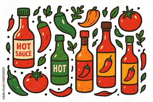 Vector set of hot sauce bottles, spicy chili peppers, and fresh tomatoes. Cartoon illustration of mexican food ingredients and condiments. Isolated flat design elements.