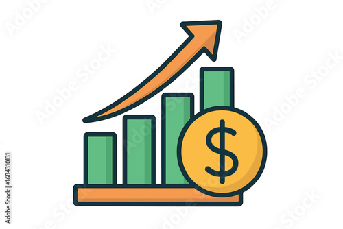 Profit growing icon. Financial success concept. Bar chart with arrow up. Business investment increase. Market analytics graph symbol. Dollar sign money. Vector illustration.