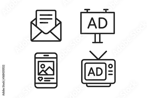 Mass marketing channels icon set. Advertising concept with outline icons for email newsletter, billboard ad, social media post, and television commercial. Vector symbols.