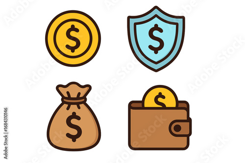 Finance and insurance icon set. Money savings, investment, financial protection concepts. Vector collection of dollar coin, security shield, money bag, and wallet symbols. Flat cartoon.