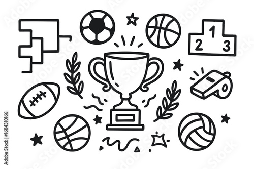 Sports tournament championship concept. Hand drawn doodle icon set. Trophy cup, winner podium, whistle, tournament bracket. Soccer, basketball, football, and volleyball balls.