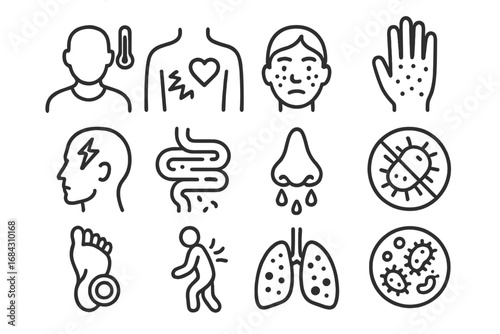 Medical conditions outline icons set. Health and disease symbols. Vector illustration with fever, skin rash, headache, lung and heart problems, allergy, back pain and bacteria.