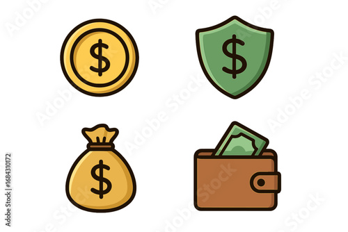 Finance and insurance icon collection. Vector symbols of money saving, investment, and wealth protection. Includes dollar coin, shield, money bag, and wallet illustrations.