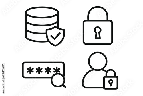 Security and privacy line icon set. Cybersecurity concepts including data protection, password authentication, user access, and secure database. Vector outline symbols for safety.