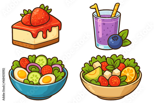 Healthy food icon collection. Vector cartoon set of fresh salads, fruit smoothie drink, and strawberry cheesecake dessert. Diet, nutrition, and organic meal concepts for menu.