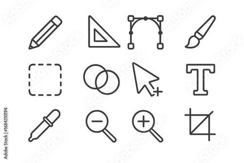 Graphic design and photo editing tools icon set. Vector line art symbols for web and app UI. Includes pencil, pen tool, crop, zoom, and text. Simple outline pictogram collection.
