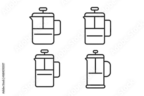 French press coffee maker line icons. Vector set of minimalist cafetiere symbols. Outline illustration for brewing method, cafe graphic, kitchen appliance, hot drink concept.