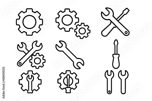 Settings and tools outline icon set. Gear, wrench, screwdriver for configuration, maintenance, repair and support. Vector line art for web and app interface design.