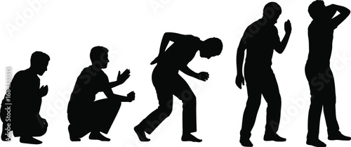 Silhouettes of man performing different expressive poses, emotional body language, human gesture sequence, stress and relief concept, isolated black figure