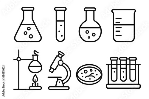 Laboratory equipment line icons. Science and chemistry research symbols for educational design. Vector collection of flask, test tube, microscope, beaker, petri dish for experiment.
