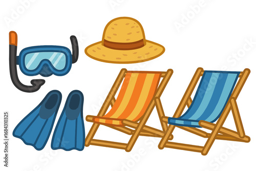 Beach day essentials vector cartoon set. Summer vacation accessories collection with snorkeling gear, diving mask, fins, sun hat, and lounge chairs for a relaxing seaside trip.