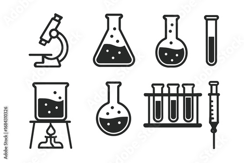 Science lab equipment icon set for research and education. Chemistry, biology, and medical symbols. Vector collection of microscope, beaker, flask, test tube, burner.