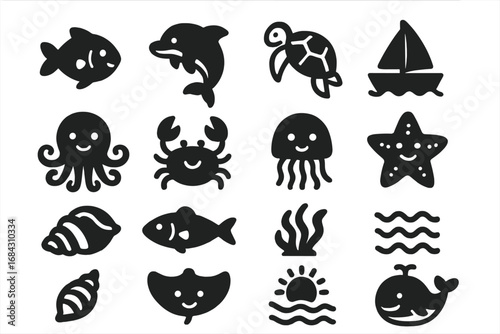 Cute marine life icon set. Sea animal and ocean elements glyph collection. Vector cartoon illustration of fish, dolphin, turtle, octopus, crab, whale, jellyfish, starfish.