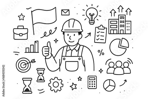 Business success and teamwork doodle illustration. Worker with hard hat surrounded by work icons, growth chart, target, idea lightbulb. Labor Day vector cartoon concept set.