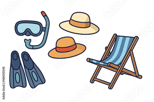 Beach day essentials vector icon set. Snorkeling gear with mask and flippers, sun hats, and a lounge deck chair. Summer vacation seaside items for travel and holiday design.