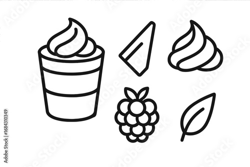Outline icon set of mini mousse dessert ingredients. Vector line art of layered mousse cup, chocolate shard, whipped cream, raspberry, and mint leaf for patisserie or bakery.
