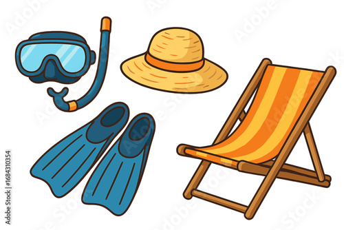 Beach vacation essentials icon set. Snorkeling gear with mask, snorkel, and fins. Sun protection straw hat and striped lounge chair for seaside relaxation. Summer travel vector.