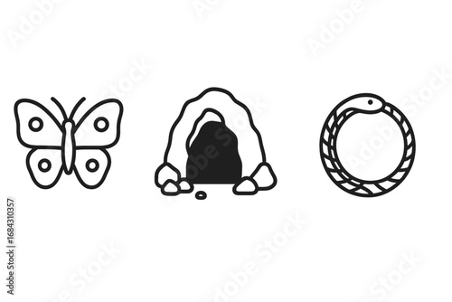 Mythical symbols icon set. Butterfly as Psyche, the soul. Cave of the unconscious. Ouroboros snake for eternity. Psychology, philosophy, and myth vector outline illustration.