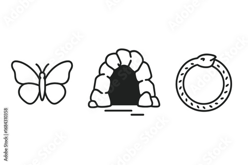 Mythical symbols icon set for philosophy and psychology. Outline vector icons of Psyche butterfly, cave entrance, and Ouroboros snake. Concepts of soul, rebirth, eternity.