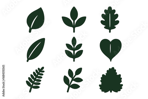 Leaf icon set, botanical foliage symbols. Vector collection of green plant silhouettes for eco, natural, and organic themes. Flat graphic design elements. Forest & garden leaves.