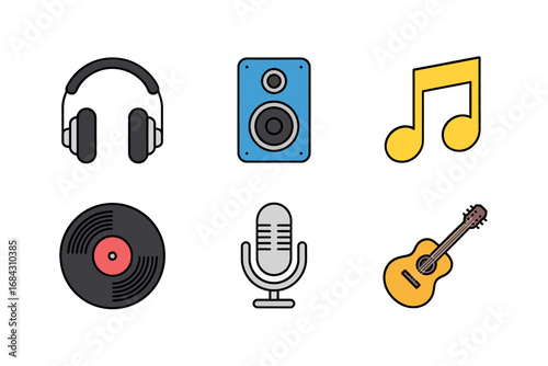 Music and audio flat icons, headphone speaker microphone record guitar note, sound illustration pack, entertainment elements for design collection